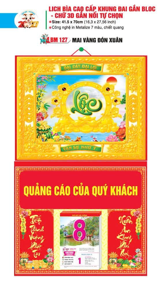 Bìa Lịch Treo Khung Đại Gắn Bloc BM 2027 BM127 - Mai Vàng Đón Xuân - Quà Tặng Ngân Hàng